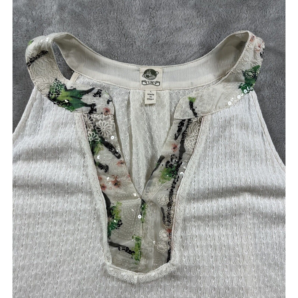 Anthropologie Tiny Brand Tank Top Sz L Cassia Ivory Navy Pink Sequin Trim Knit‎ - Picture 4 of 7